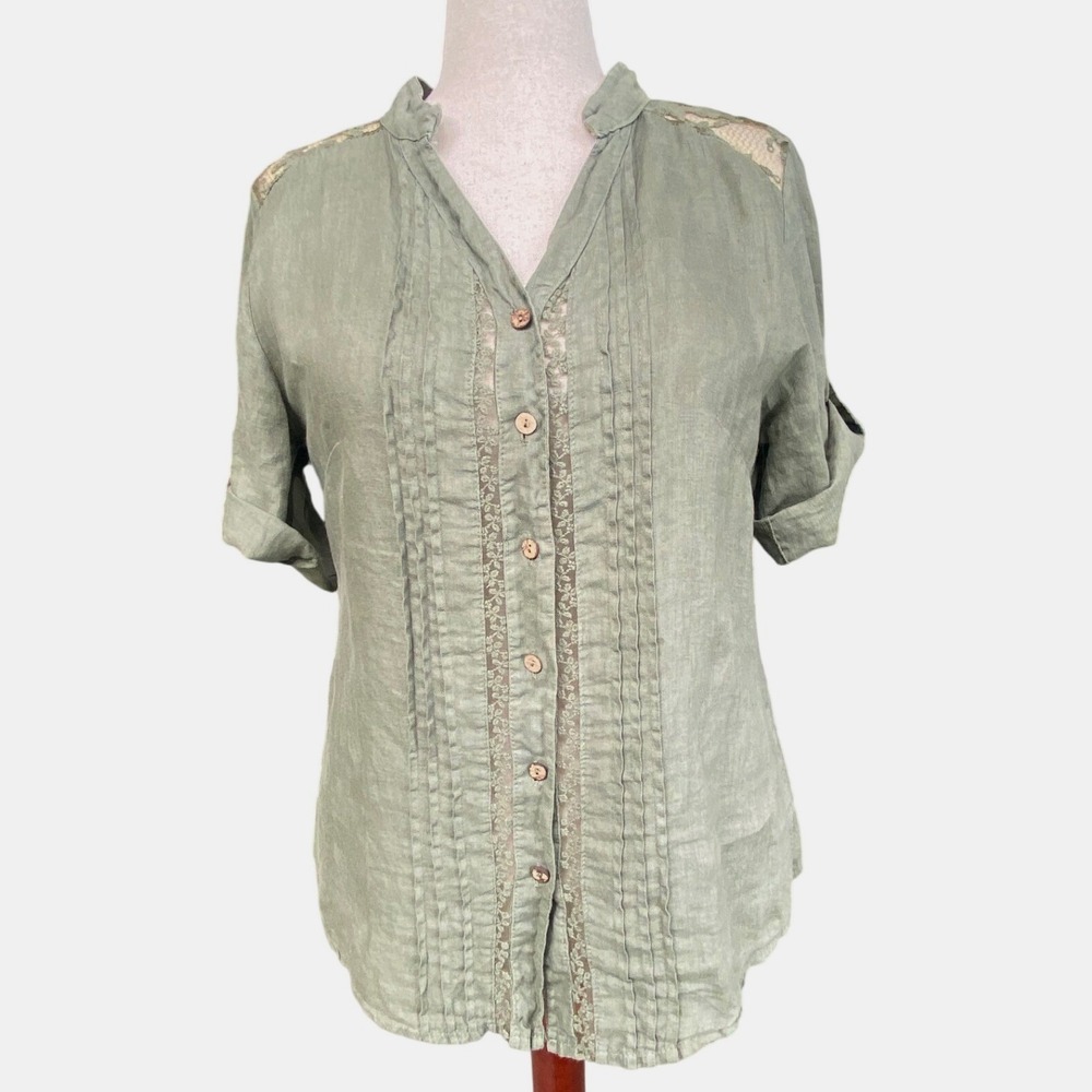 Romeo & Giulia Sage Green 100% Linen Lace Pintuck Blouse Large